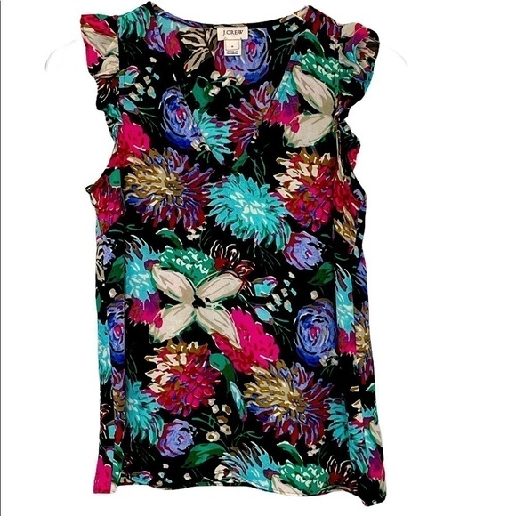 J. Crew Black Floral V Neck Top Flutter Sleeve Sz0 - Picture 2 of 16